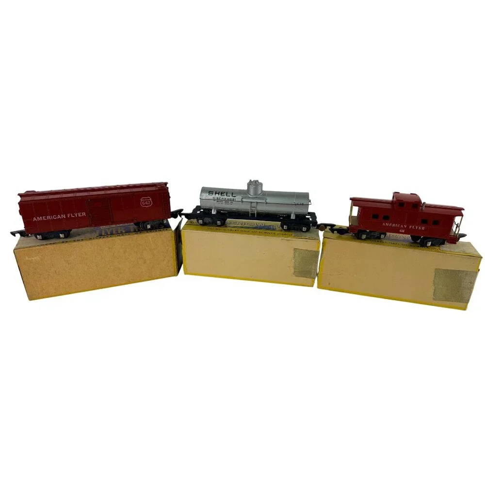 American Flyer S Gauge 625‎ Shell Tanker 642 Boxcar 638 Caboose Lot w Boxes